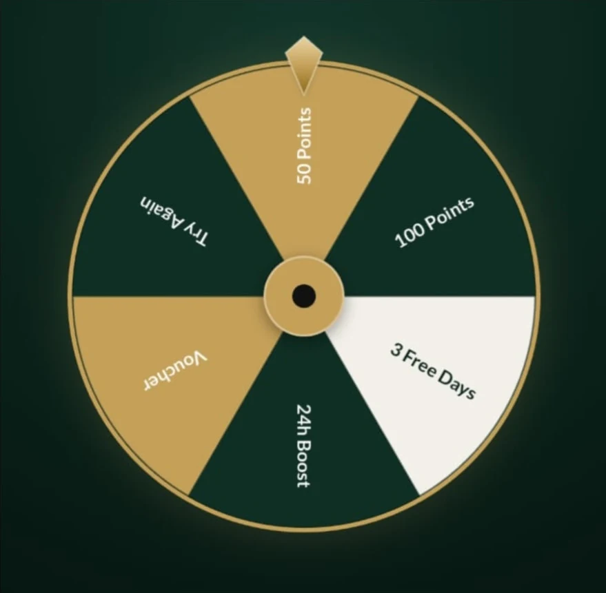 Ehiz rewards wheel with segments: 50 Points, 100 Points, 3 Free Days, 24h Boost, Voucher, Try Again